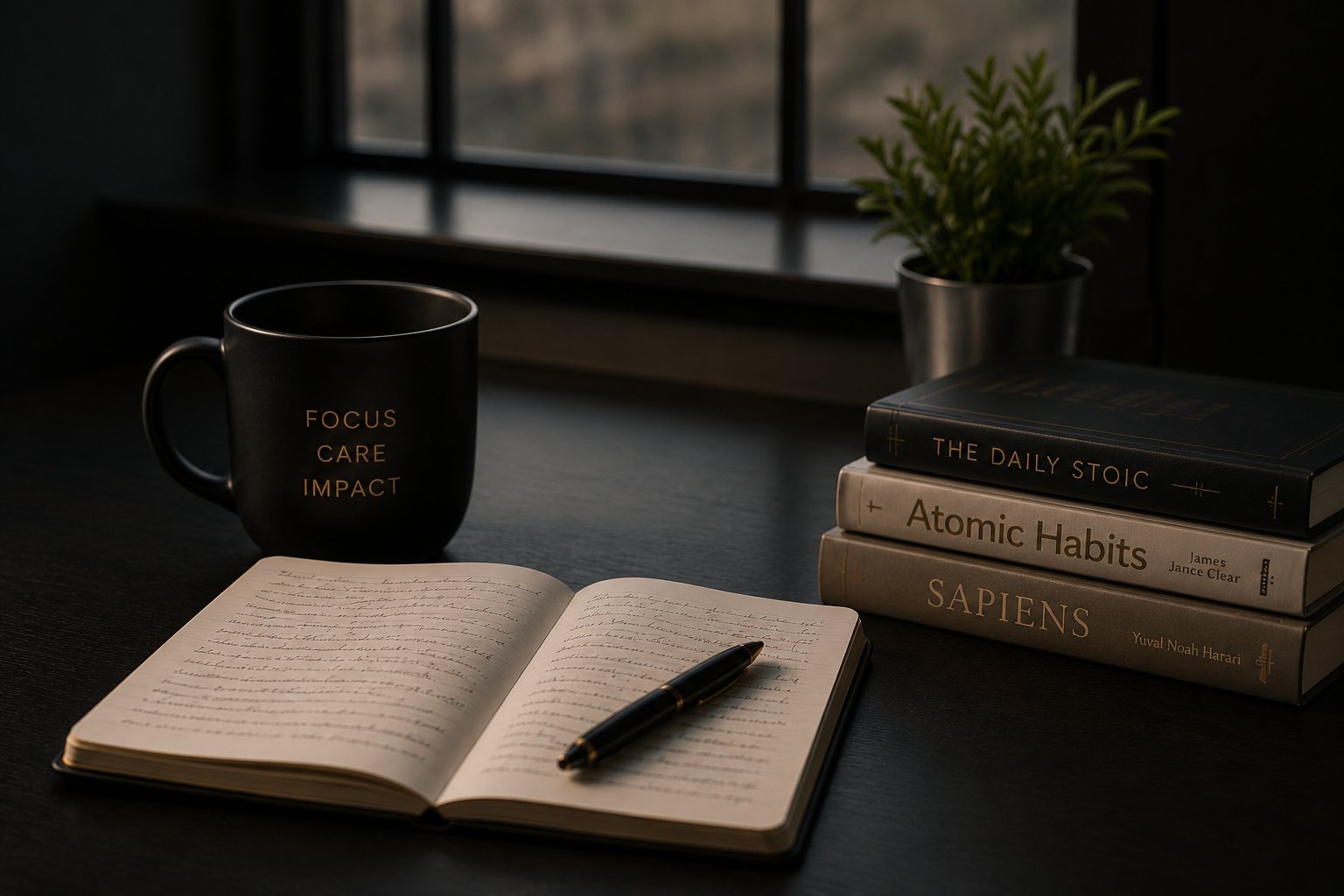 A warm workspace with books, coffee and intention